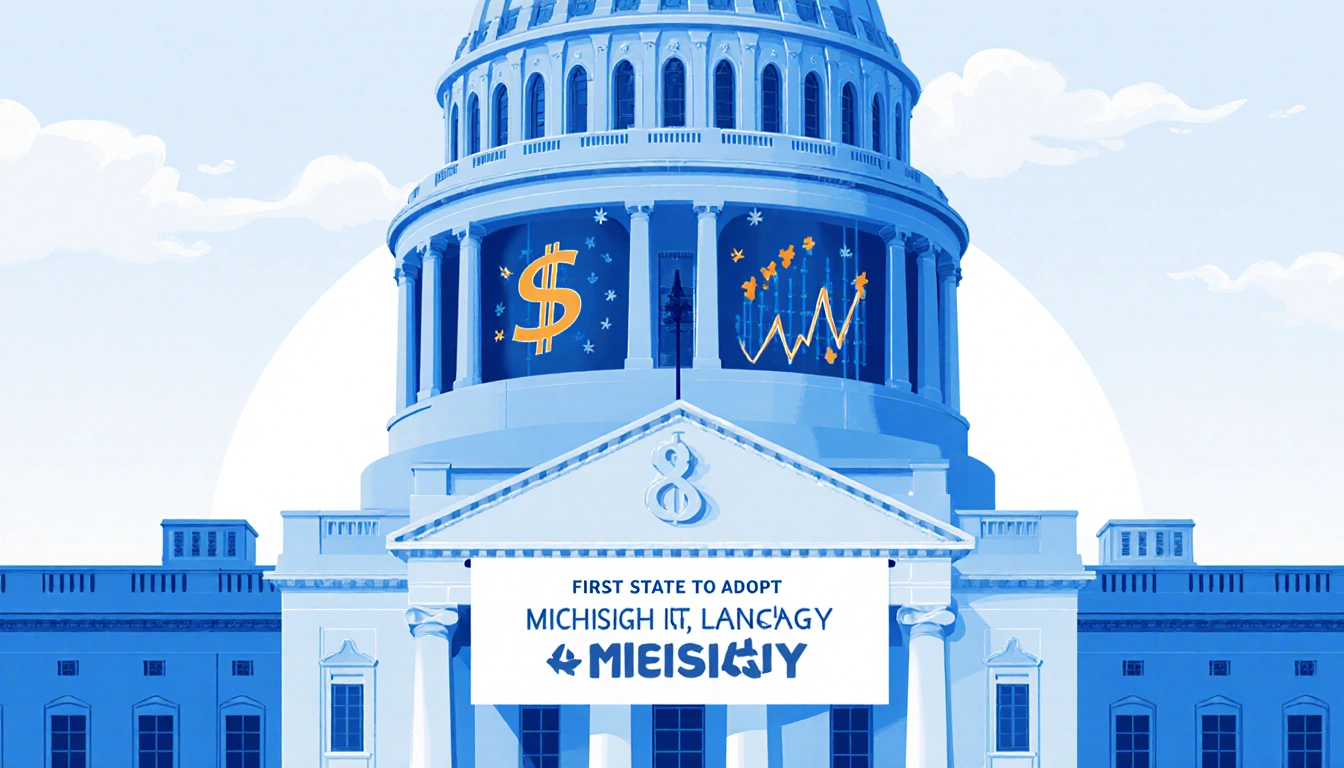 Michigan capitol stands with a First State to Adopt banner above the entrance and dollar signs