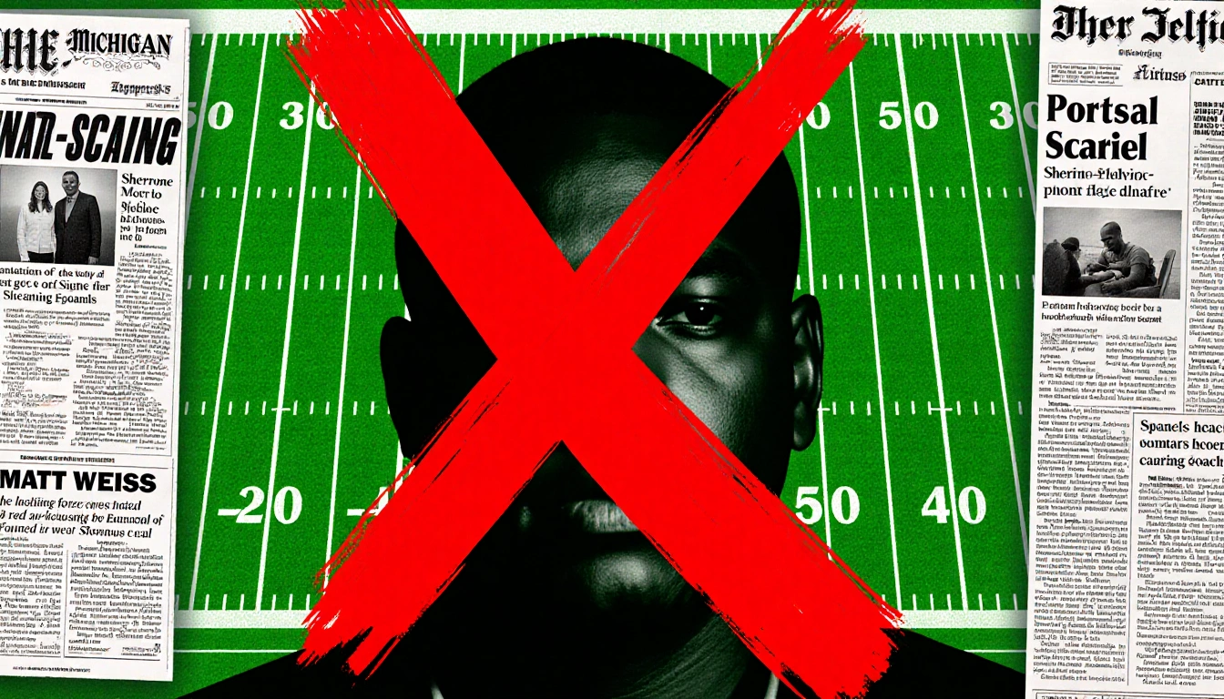 Red X marks Michigan football field with blurred silhouette of Sherrone Moore and headline clipping about scandal controversy