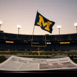 Michigan flag waving over dim stadium with headline about investigation on bench