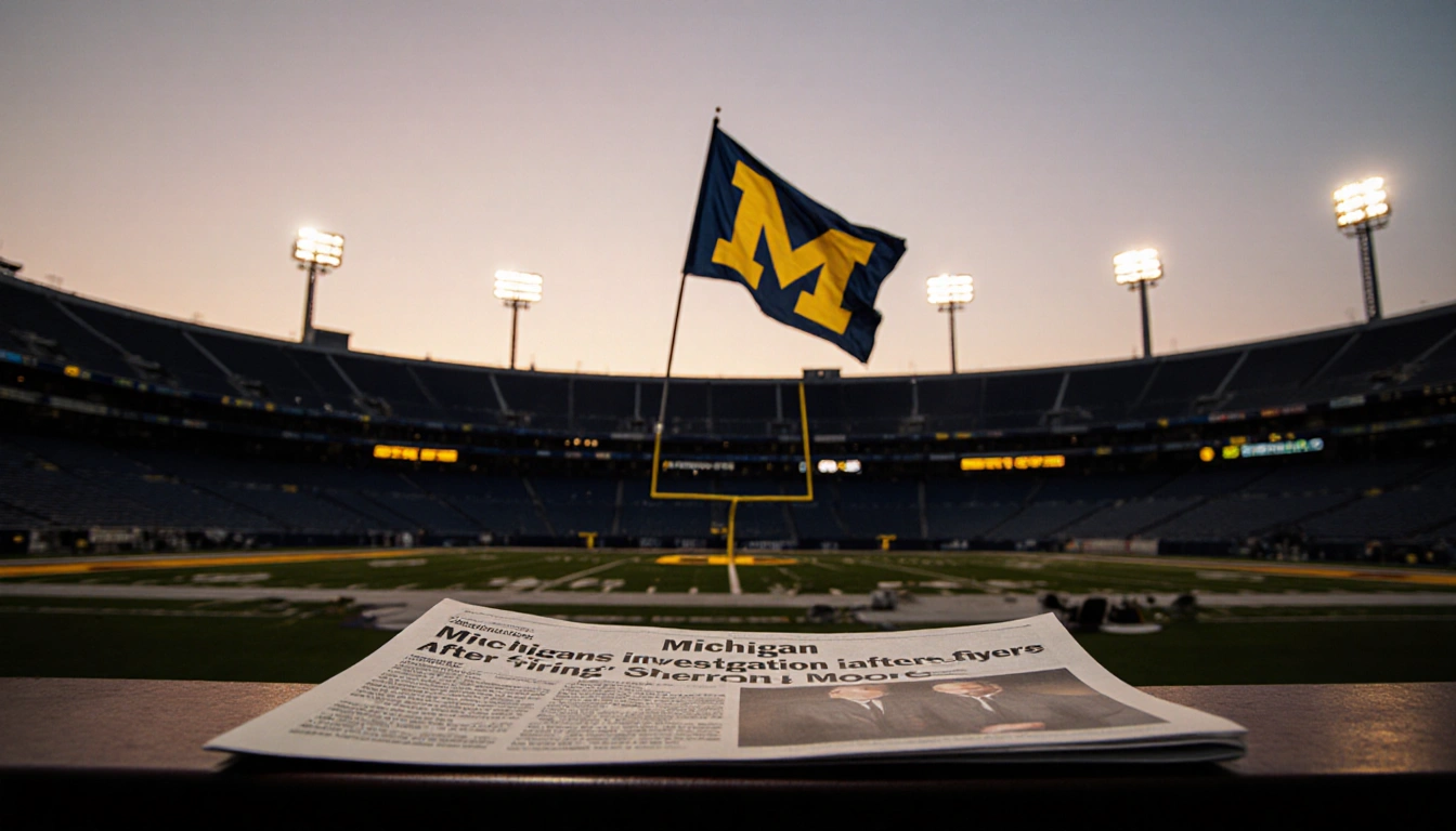 Michigan flag waving over dim stadium with headline about investigation on bench