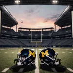 Football helmets sit side by side with motion blur and a sunset field backdrop.