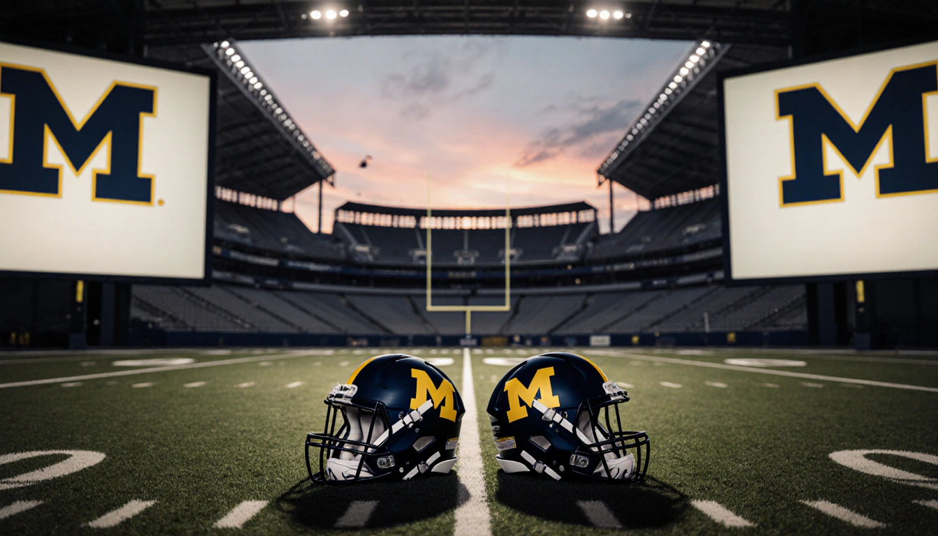 Football helmets sit side by side with motion blur and a sunset field backdrop.