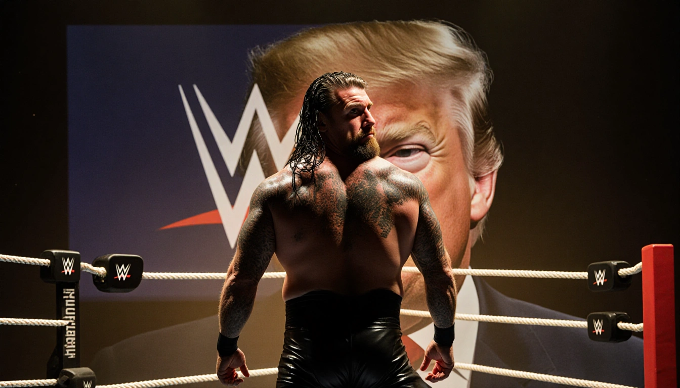 Mick Foley standing alone with back to camera and disappointed expression beside a dimly lit WWE ring