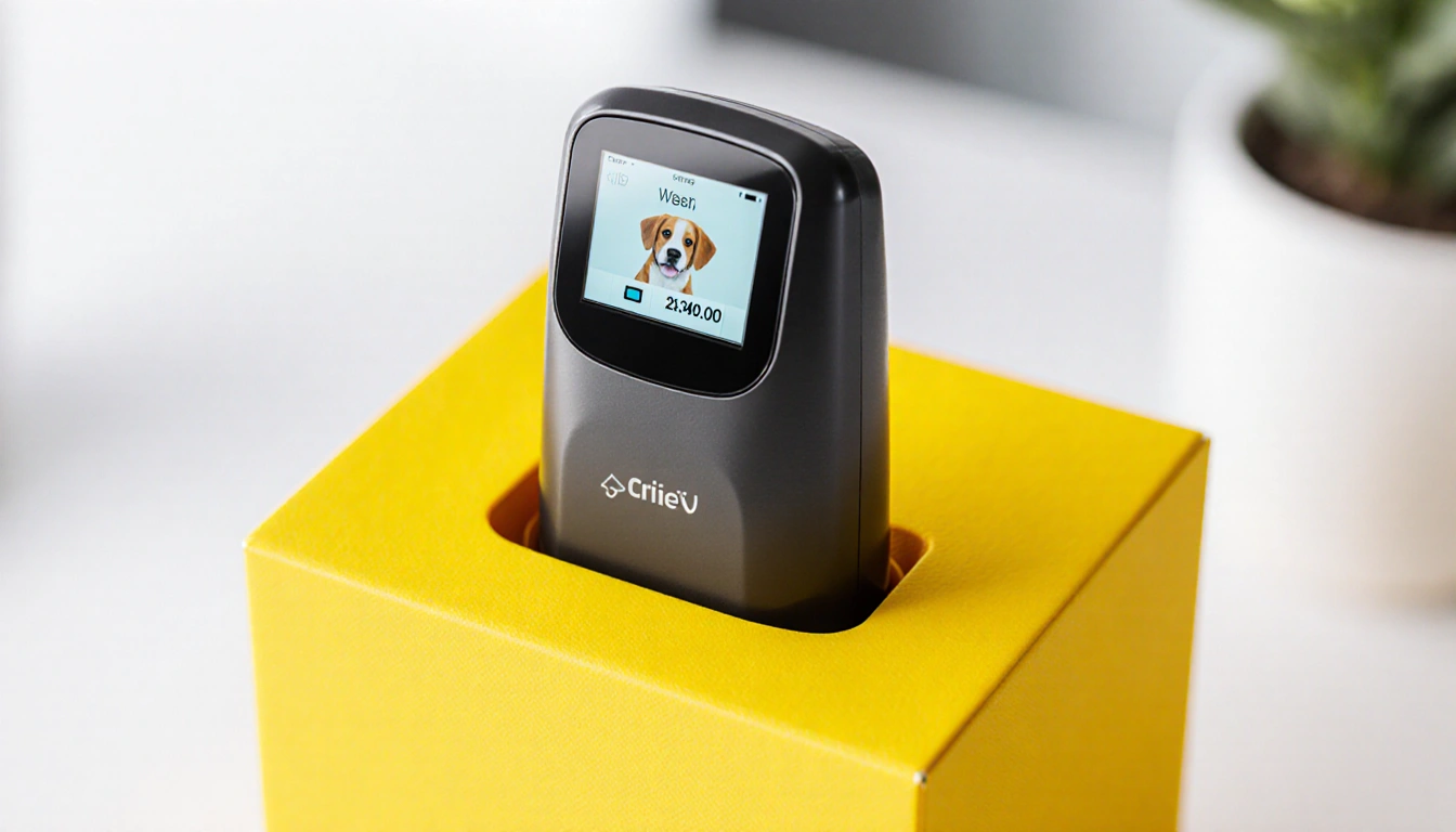 Microchip scanner displays pet chip number with sleek design inside bright yellow box.