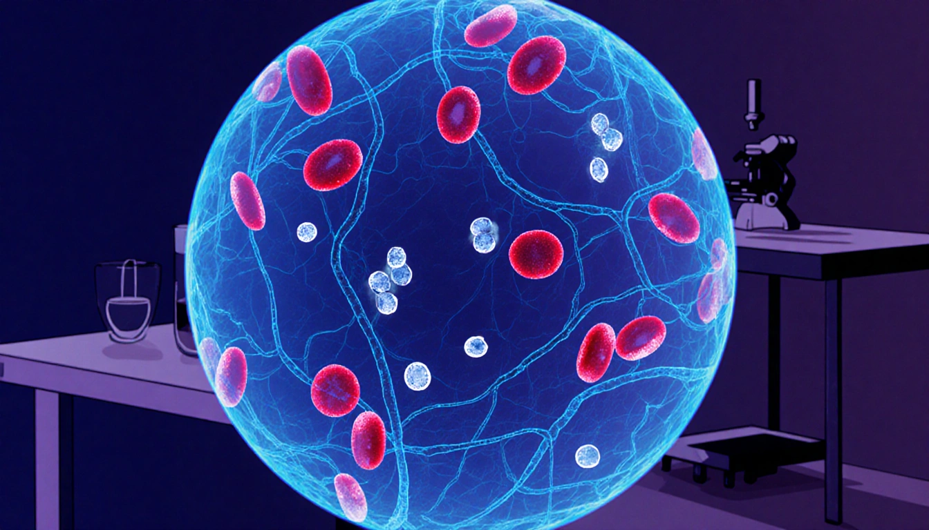 Red blood cells floating with white microplastics and tangled capillaries near a faint lab bench outline.
