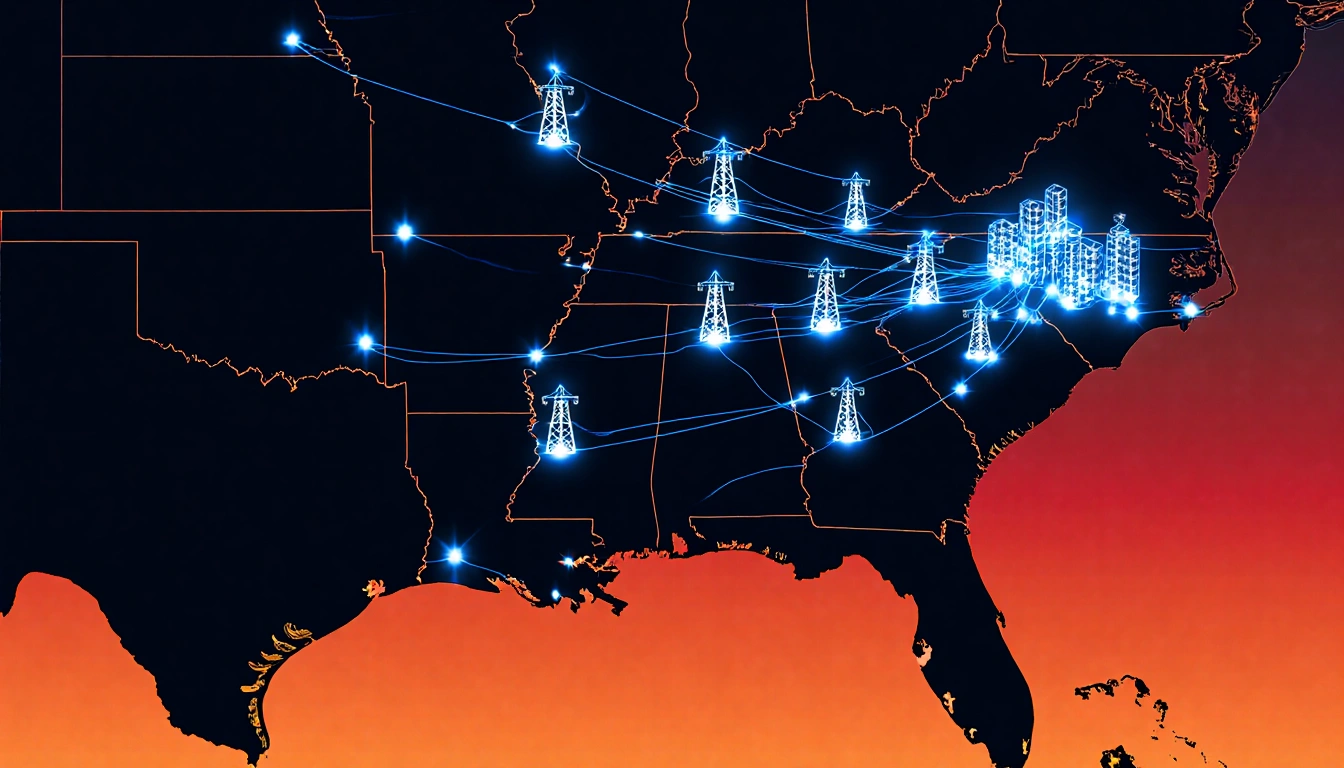 Map of mid-Atlantic region showing data center silhouettes connected by bright blue lines with orange-red gradient tension