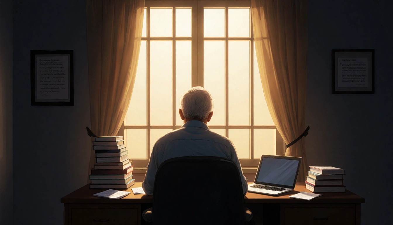 Middle-aged person sitting at desk with laptop and books near barred window symbolizing seasonal depression with loneliness