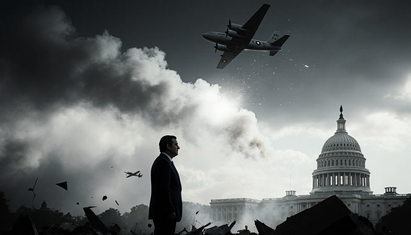 Sen. Ted Cruz stands among debris with smoke and wreckage and the Capitol in Washington D.C.