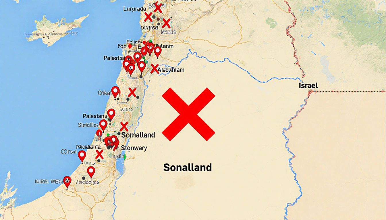 Middle East map shows Israel borders highlighted with a red X over Somaliland and smaller Xs in Palestinian territories.