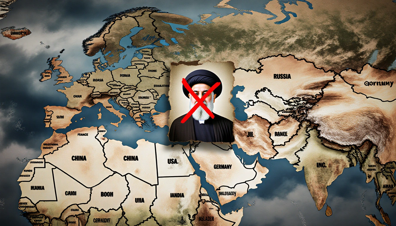 Old Middle East map torn at Iran border with faded photograph of Ayatollah Khamenei marked with red X against ominous sky.