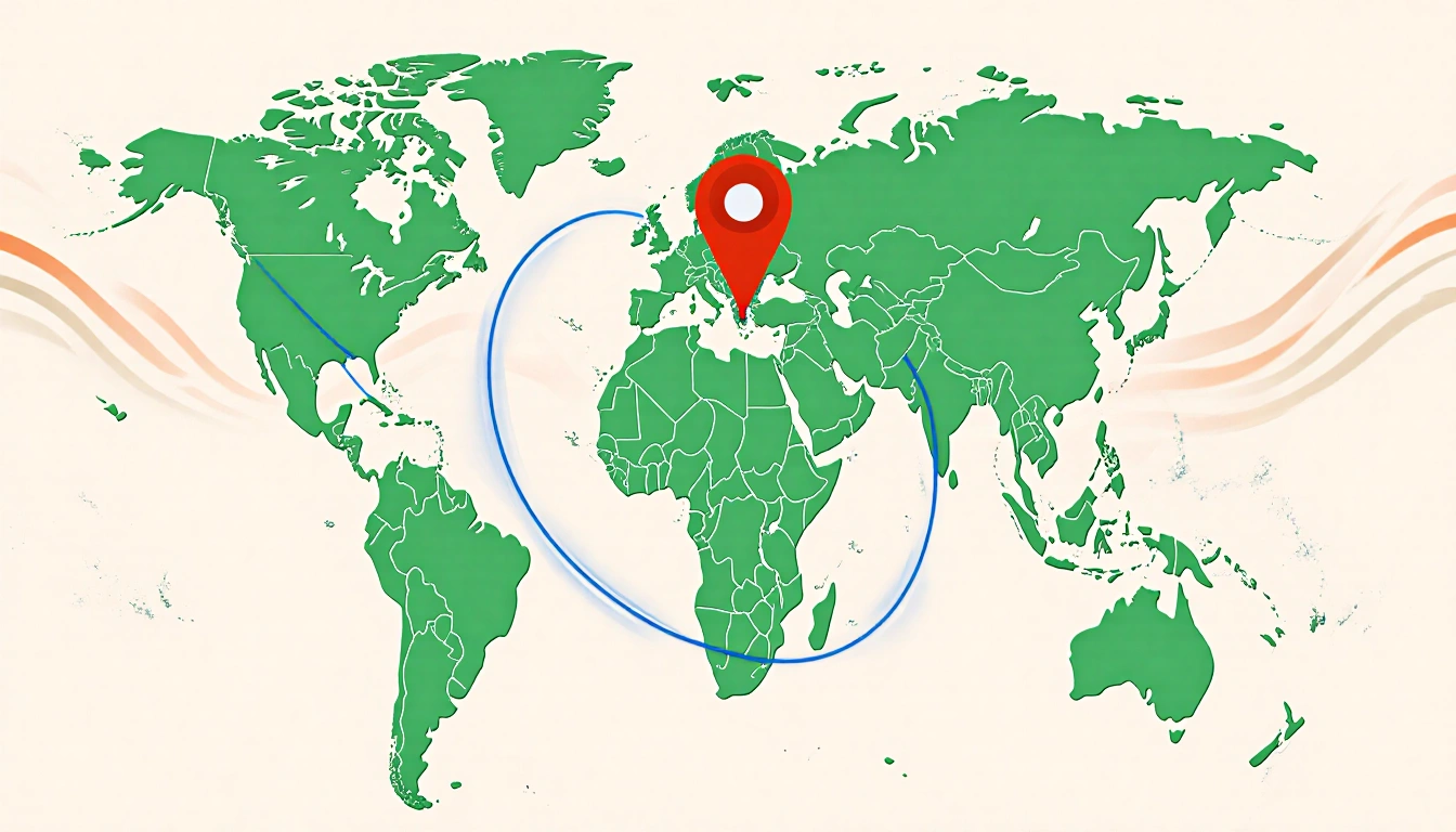 Global map marking Middle East with red pin and blue trade aura highlighting oil trade routes