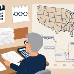Mid‑life person reviewing financial plans with calculator and map of retirement milestones in warm beige tones.