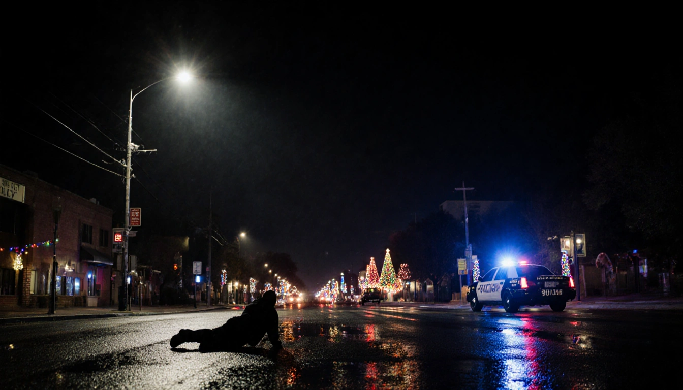 Streetlight illuminates a vehicle silhouette with Austin Police patrol car and Christmas lights reflected on wet pavement