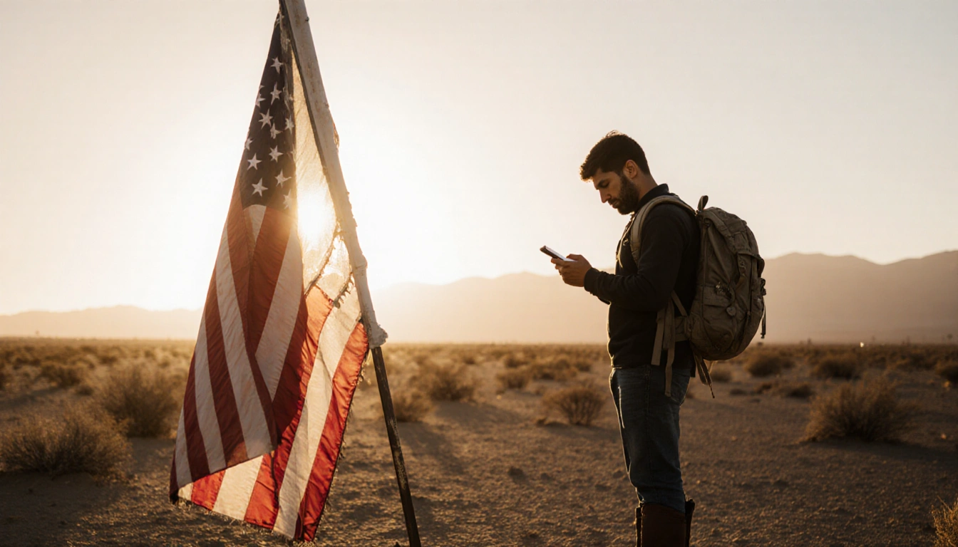 Lone migrant standing at a border crossing looking at a phone screen with a CBP Home App in a desert sunset.