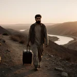Nabeel Younis walking alone at dusk as a migrant with clothing and a suitcase near scattered rocks under a sunset border