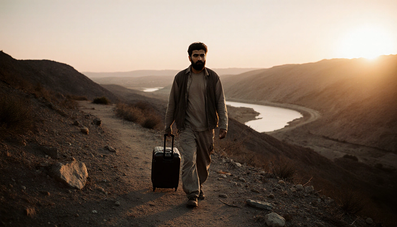 Nabeel Younis walking alone at dusk as a migrant with clothing and a suitcase near scattered rocks under a sunset border