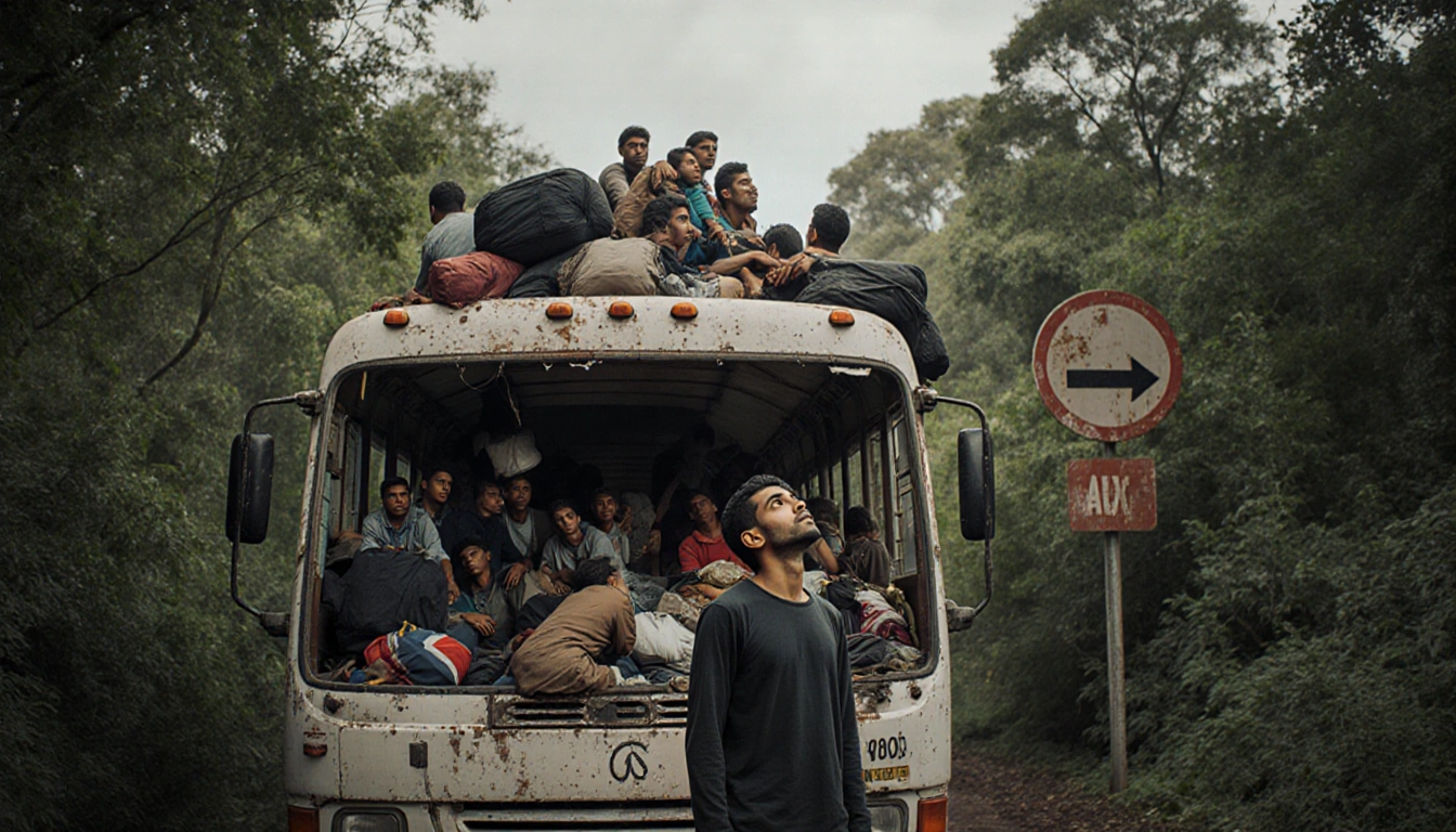 Younis looking up at sky with worn bus interior crowded with migrants and lush foliage.