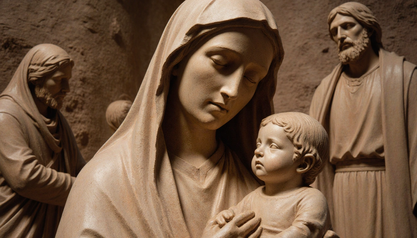 Migrant Mary figure expressing longing with hopeful eyes and warm soft lighting and subtle background of distant lands
