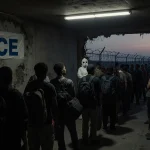 Migrants waiting in line with hazmat officials and an ICE banner behind them and broken barbed wire showing the border.