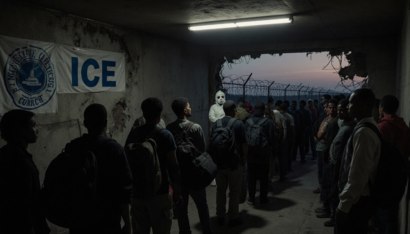 Migrants waiting in line with hazmat officials and an ICE banner behind them and broken barbed wire showing the border.