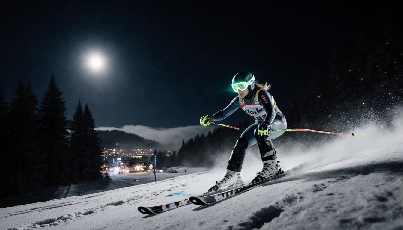 Mikaela Shiffrin skis down a moonlit slalom course with icy patches and misty Semmering resort in background