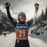 Mikaela Shiffrin raises arms in victory at finish line while skiing with snowy trees and rocky slope in background