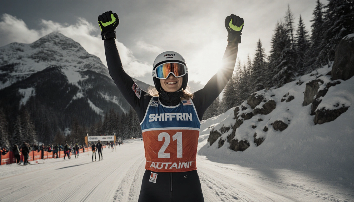 Mikaela Shiffrin raises arms in victory at finish line while skiing with snowy trees and rocky slope in background