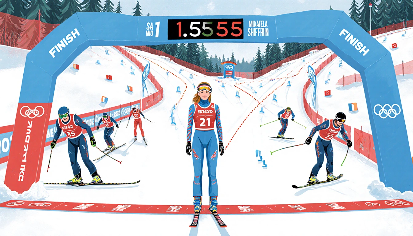 Mikaela Shiffrin stands at slalom finish line with clock showing 1.55 seconds and rival skiers in background