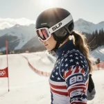 Mikaela Shiffrin standing on edge of a snowy ski slope with American flag-inspired suit and golden light on her focused face
