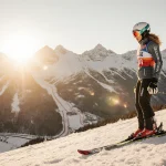 Mikaela Shiffrin stands atop snowy slope with skis slightly askew and golden sunset glow watching slalom course below