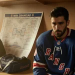 Mika Zibanejad sits alone in the Rangers locker room with a disappointed look and a partially unfolded team map on a bench ne