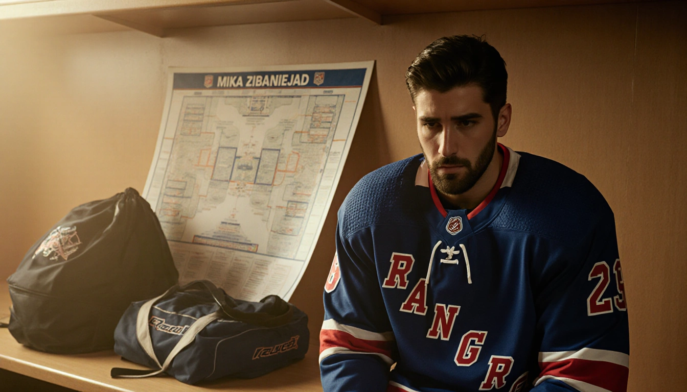 Mika Zibanejad sits alone in the Rangers locker room with a disappointed look and a partially unfolded team map on a bench ne