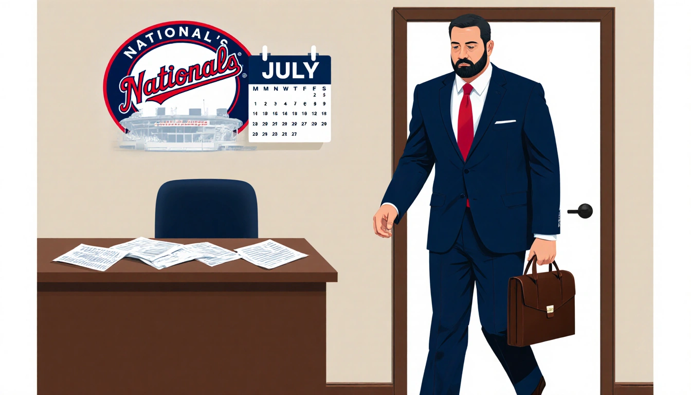 Mike Rizzo walking out of stadium with briefcase and somber expression and calendar showing July and Nationals logo