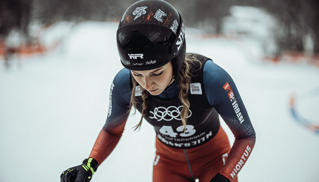 Mikaela Shiffrin stands at the starting gate with focused calm eyes downward and against a blurred ski course.