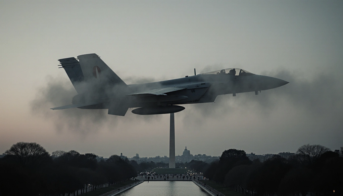 Military aircraft soaring through foggy dusk sky with National Mall silhouette and Washington Monument in distance.