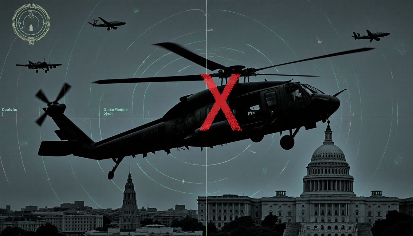 Military helicopter flying through crowded airspace over capital with a red X on nearby air traffic control panel