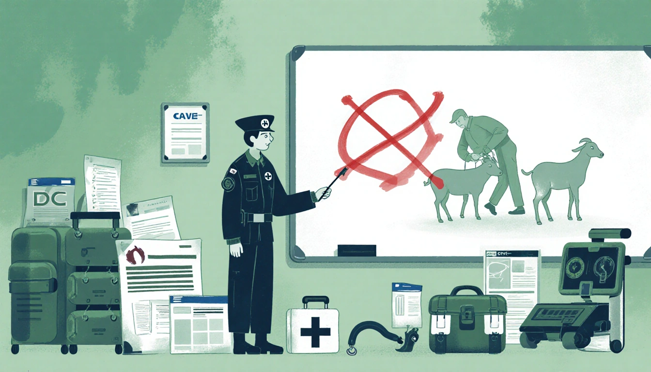 Military medic standing before whiteboard marked with X on pig drawing with medical equipment and live animal in background