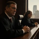 Concerned judge looking in courtroom with Milwaukee cityscape behind and warm light on faces