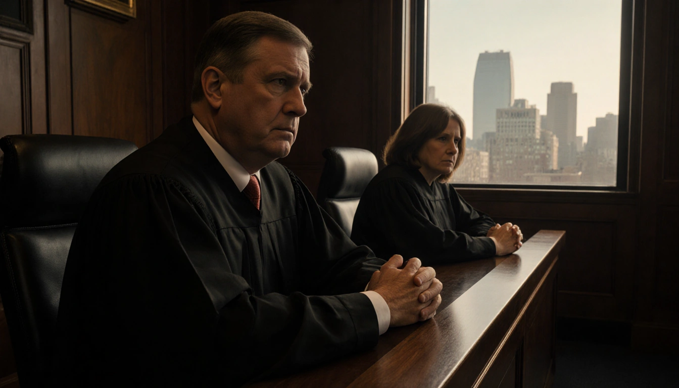 Concerned judge looking in courtroom with Milwaukee cityscape behind and warm light on faces