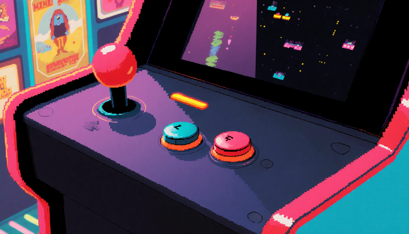 Mini Arcade Pro controller showing pixelated L ZL R ZR buttons with arcade cabinet neon in background