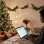 Person sitting on couch holding laptop with budgeting app open with receipts and coffee and minimalist Christmas tree nearby