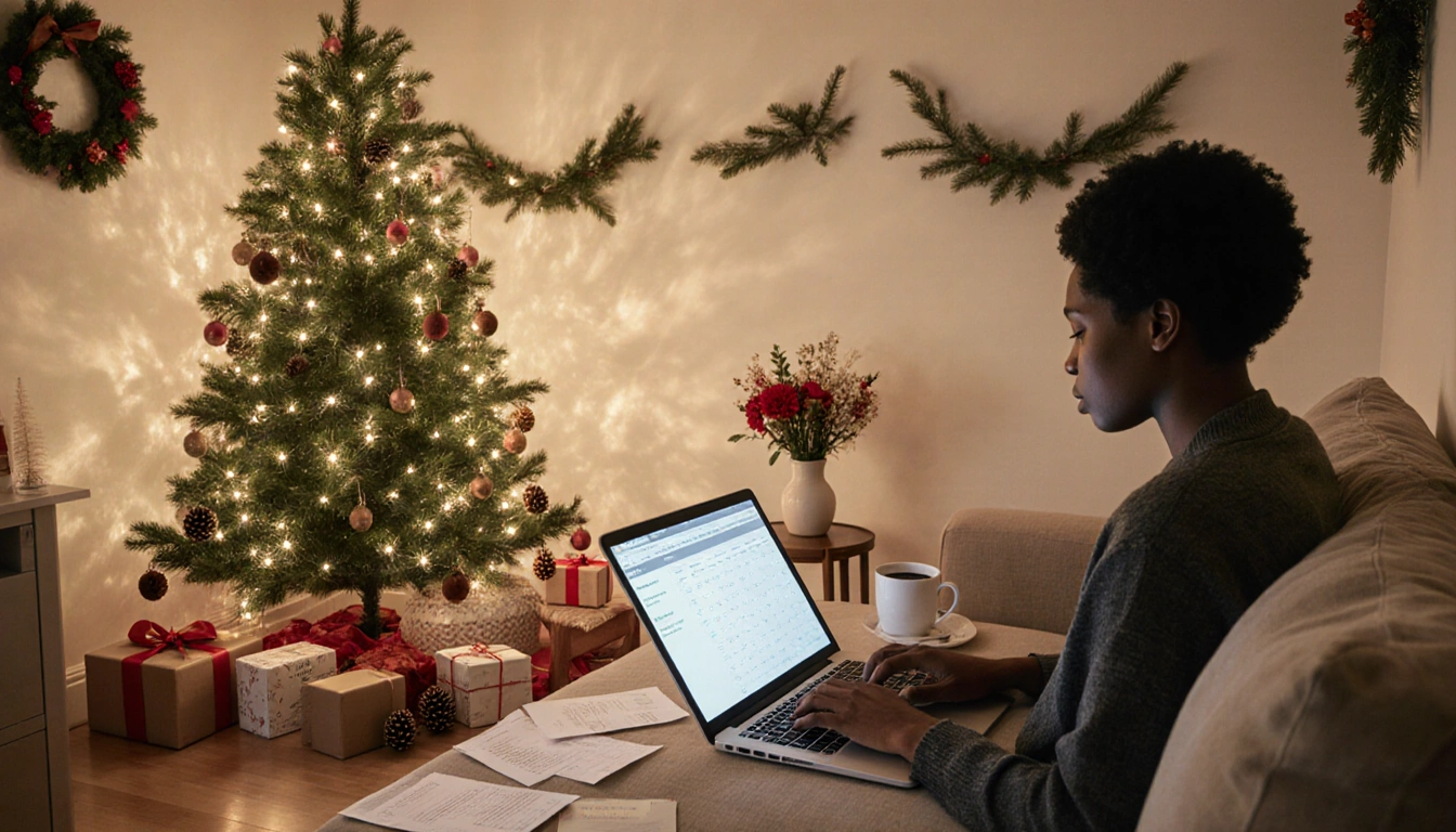Person sitting on couch holding laptop with budgeting app open with receipts and coffee and minimalist Christmas tree nearby