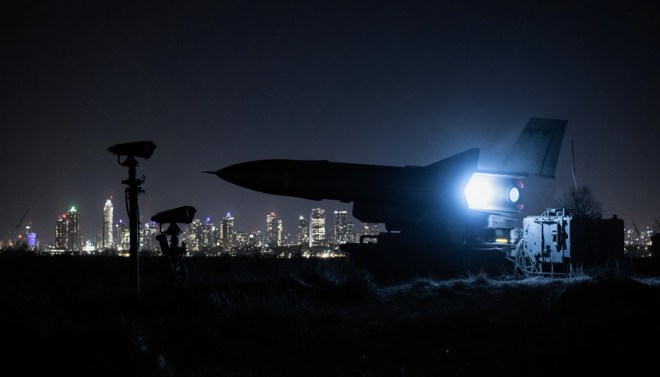 Oreshnik missile system glowing blue silhouettes against Minsk night skyline with industrial military backdrop.