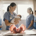 Nurse gently cradles newborn against chest with warm hospital lights and an open cyst on table.
