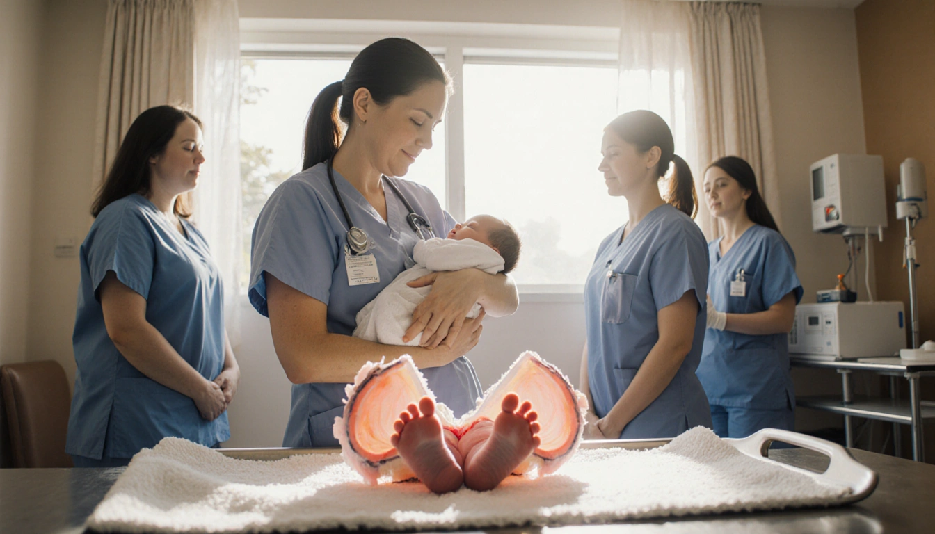 Nurse gently cradles newborn against chest with warm hospital lights and an open cyst on table.