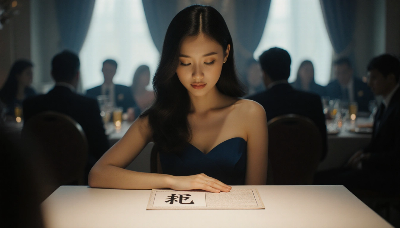 Miss Finland representative seated at a table with a blurred background during a formal event her hand resting on a placemat