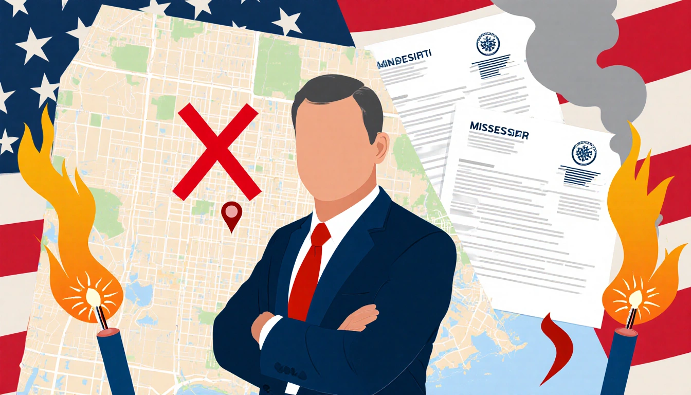 Insurance Commissioner Mike Chaney stands before city map with red X and fire smoke near and insurance documents in backgroun