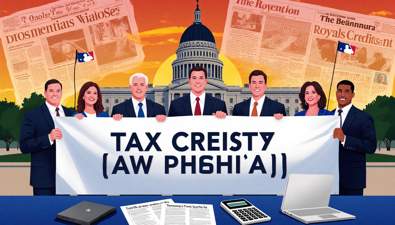 Missouri lawmakers debating tax credits with banner behind city hall and calculators on table