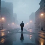 Pedestrian walking cautiously through mist with foggy downtown Austin streets and wet pavement reflections