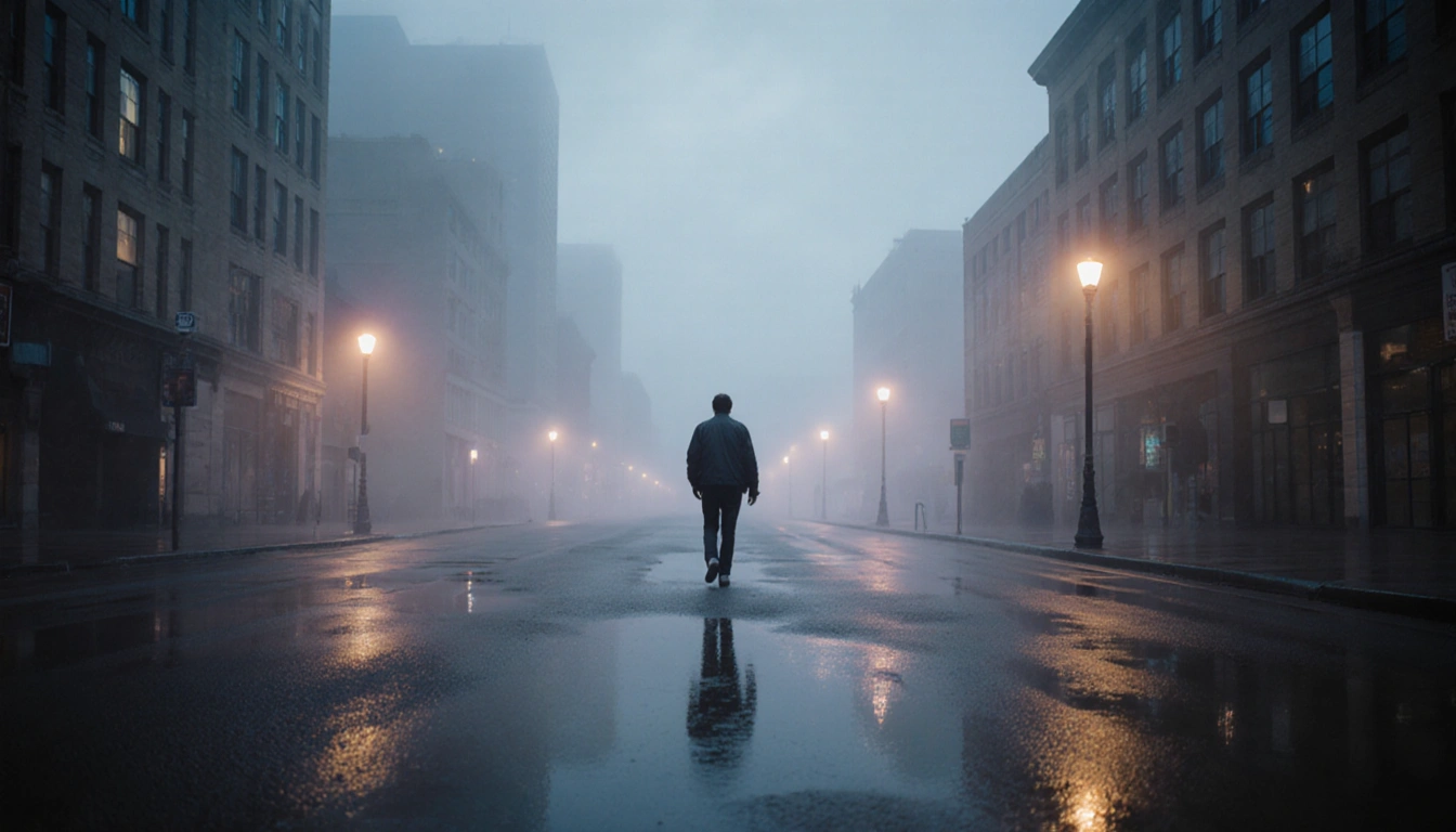 Pedestrian walking cautiously through mist with foggy downtown Austin streets and wet pavement reflections